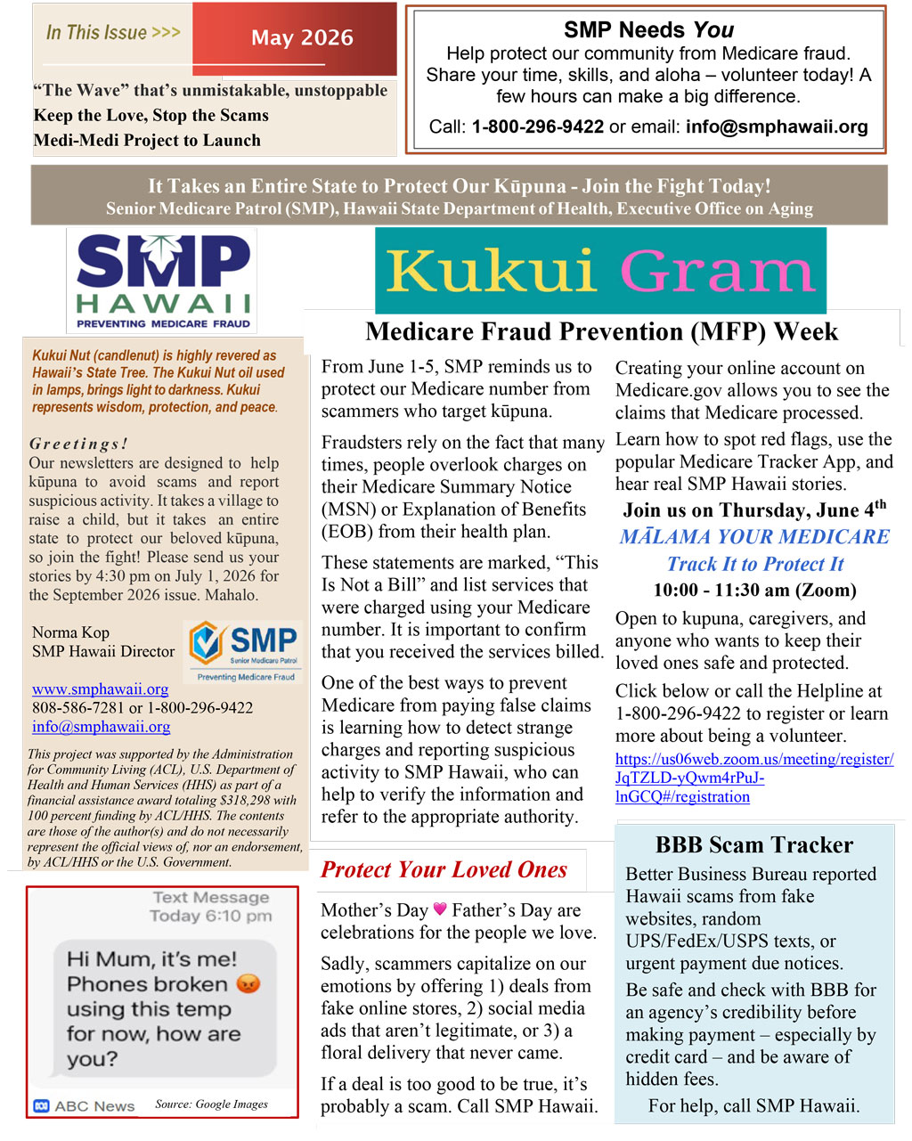 Kukui Gram May 2026: Medicare Fraud Prevention, Elder Abuse Awareness & Community News